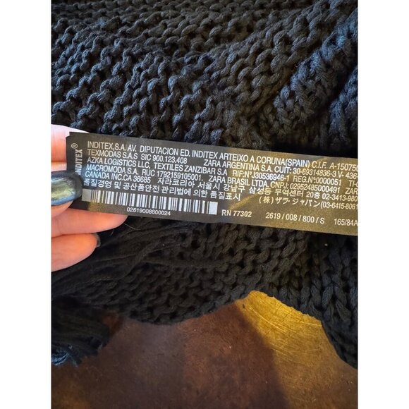 Zara Sweater Women Small Black Open Knit‎ V Back Fringe Sides Short Sleeve Tunic - Picture 10 of 12